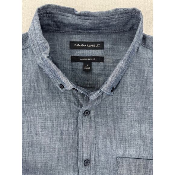 Banana Republic Mens Denim Chambray Blue Shirt Cotton Button Down Oxford L - Picture 4 of 6